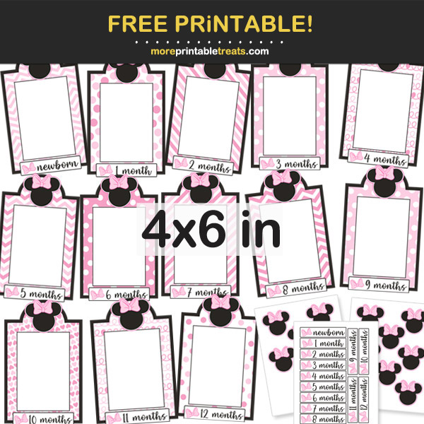 Free Printable 4x6 Minnie Mouse Baby's 1st Year Monthly Photo Frames for Birthday Party and Scrapbook