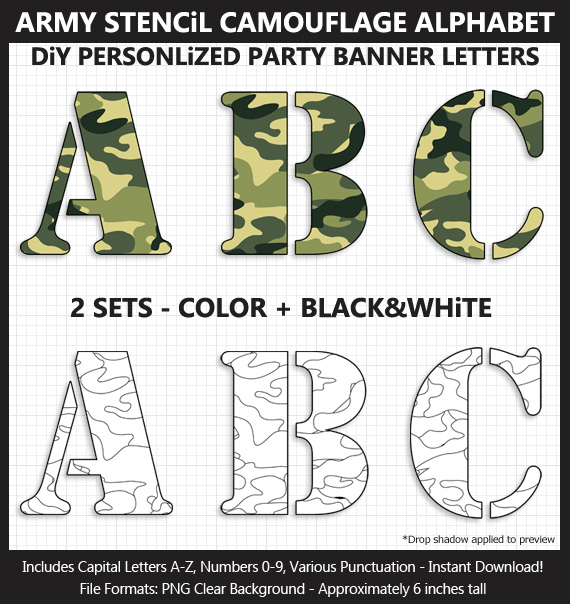 Printable Army Stencil Camouflage Banner Letters - DIY Military Party Banner
