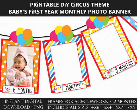 Printable Circus Carnival Baby's First Year Monthly Photo Banner Frames - DIY 1st Birthday Banner