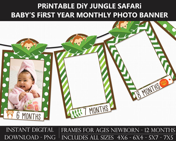 Printable Jungle Safari Baby's First Year Monthly Photo Banner Frames - DIY Wild One 1st Birthday Banner