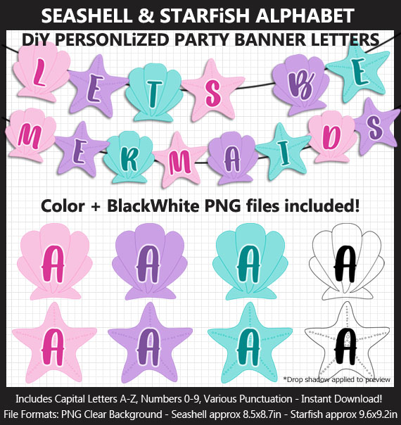 Printable Seashell and Starfish Banner Letters - DIY Mermaid Party Banner