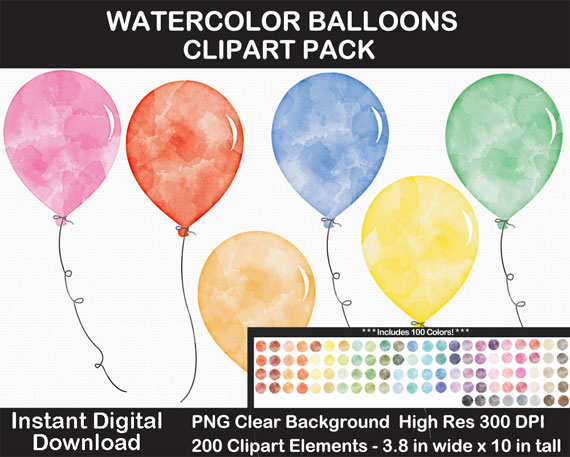 Watercolor Balloons Clip Art Pack - Large 10 Inches - 100 Rainbow Colors