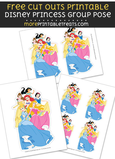 Free Disney Princess Group Pose Cut Out Printable with Dashed Lines - Cinderella, Aurora, Belle, Snow White, Princess Jasmine