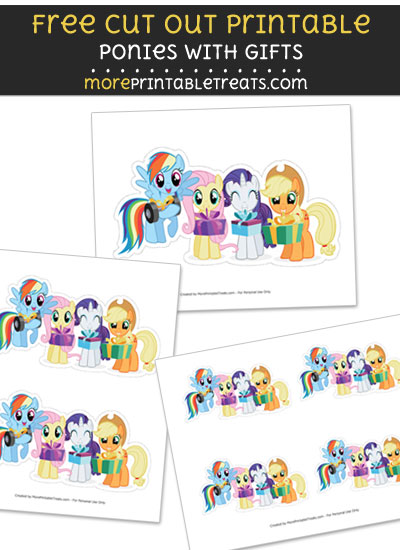 Free Ponies Holding Gifts Cut Out Printable with Dashed Lines - My Little Pony